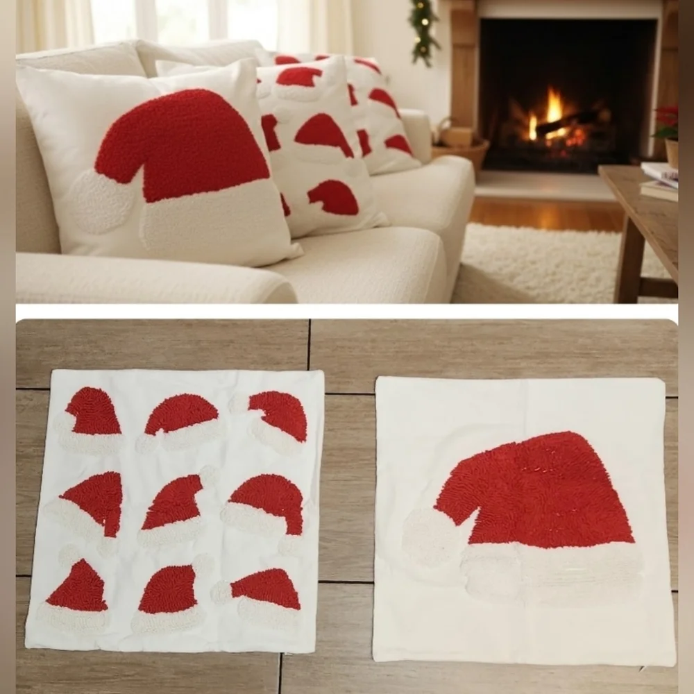 Set of 2 Tufted Santa Hat Pillow Covers Punch Needle Christmas Decor White & Red